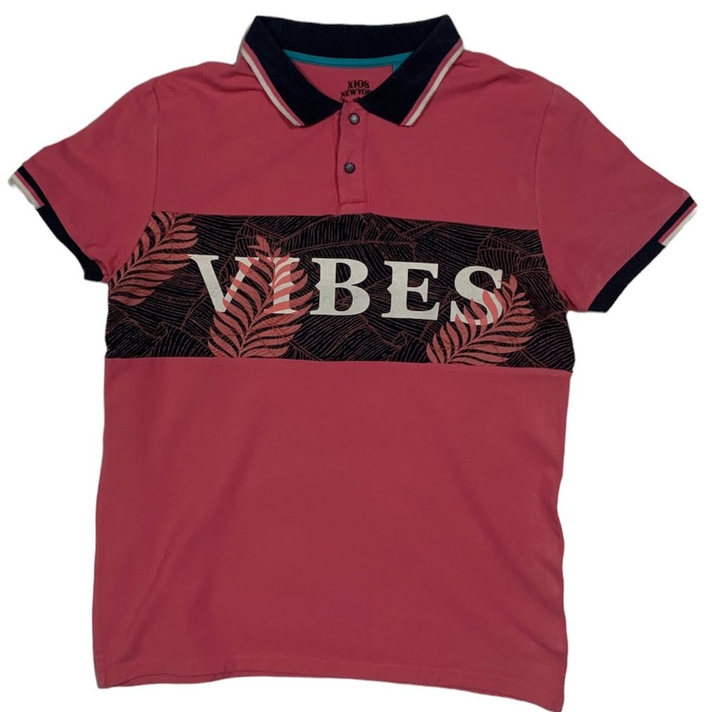 XIOS New York Men Pink Floral Letters Polo Shirt Small